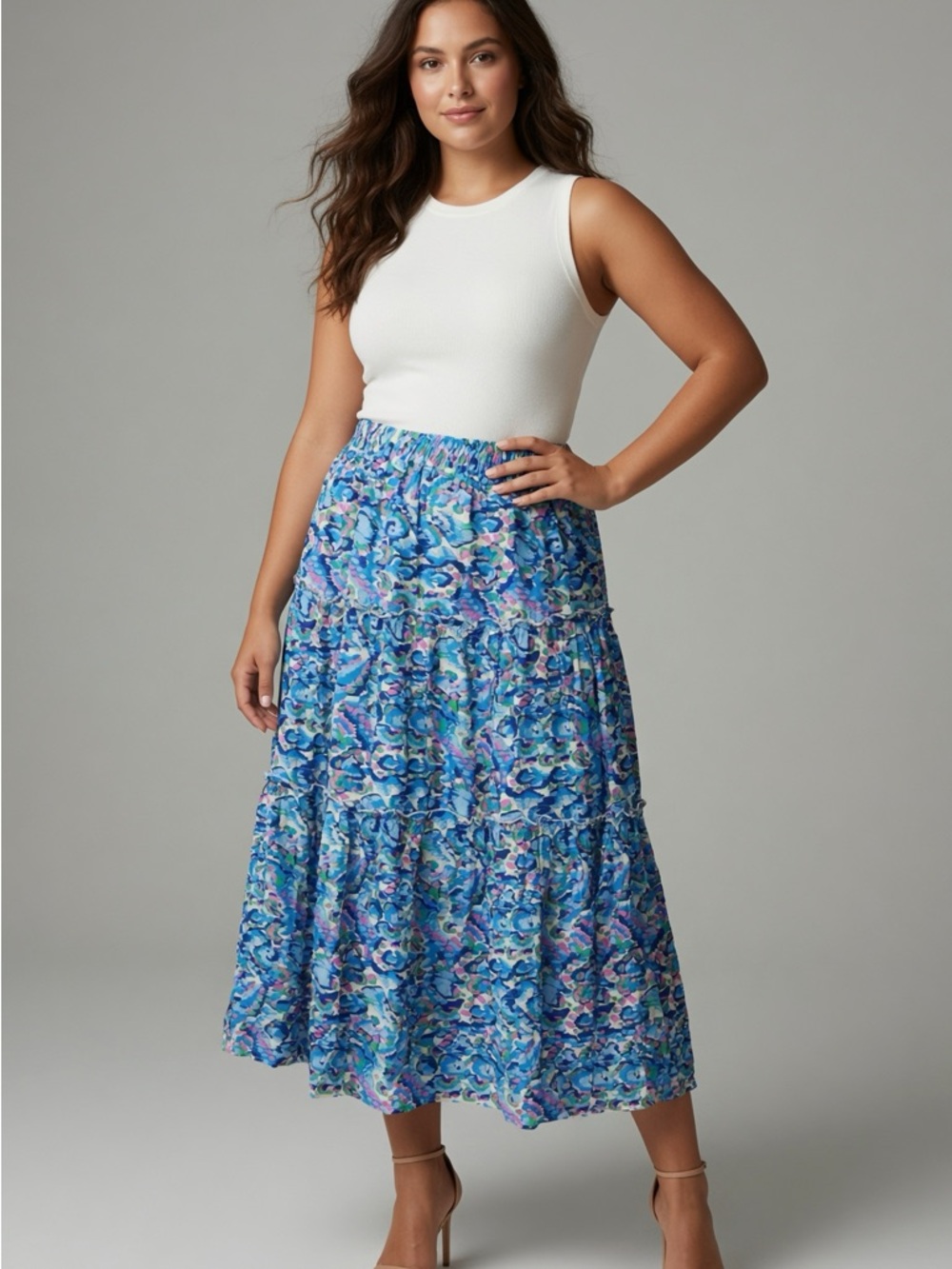Blue Floral Tiered Midi Skirt - Women size xl